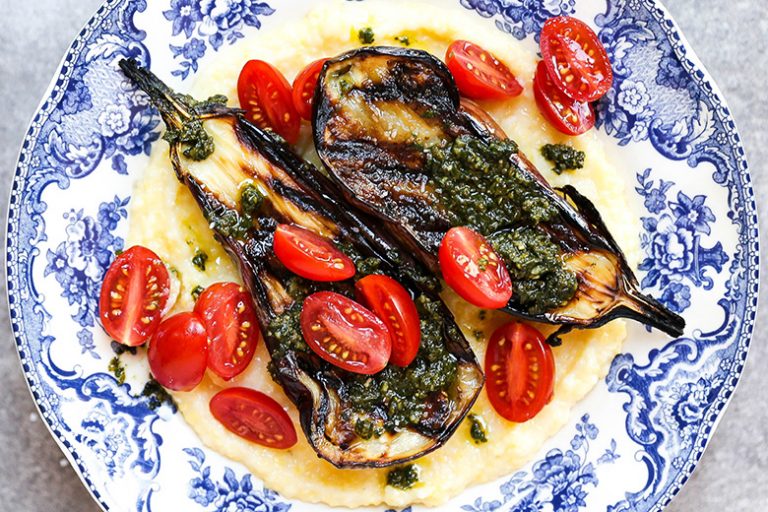 Grilled Eggplant with Goat Cheese Polenta and Basil Pesto Floating