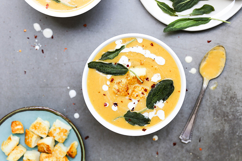 Butternut Squash and Apple Soup with Fried Sage and Halloumi | www.floatingkitchen.net