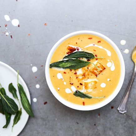 Butternut Squash and Apple Soup with Fried Sage and Halloumi | www.floatingkitchen.net