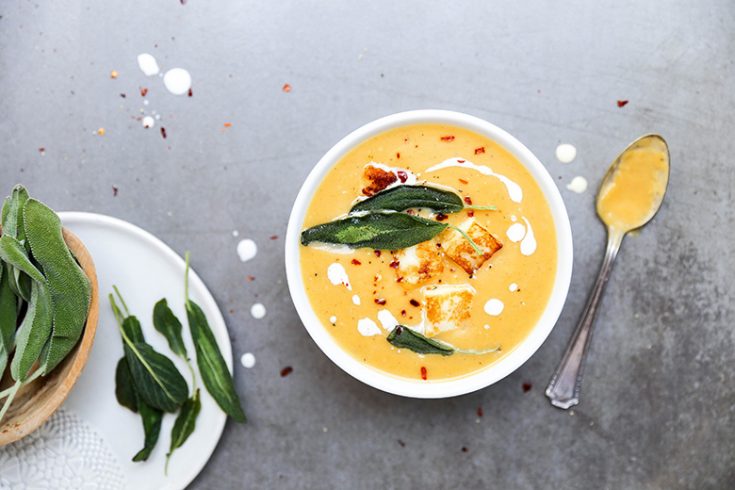 Butternut Squash and Apple Soup with Fried Sage and Halloumi