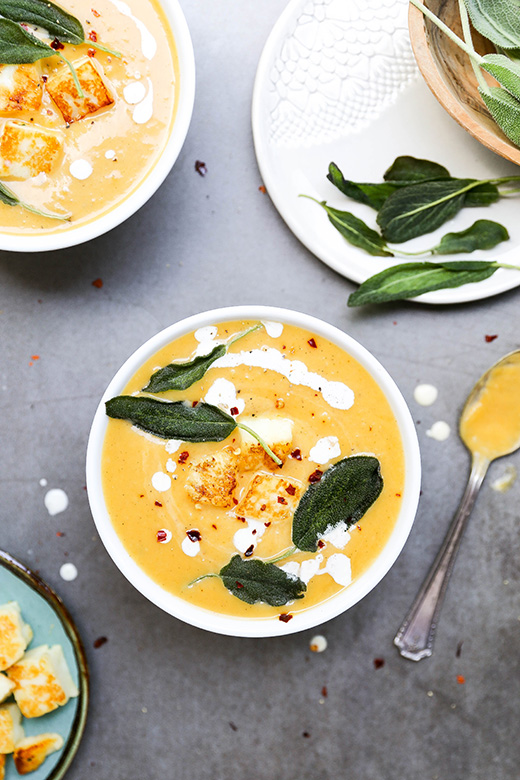Butternut Squash and Apple Soup with Fried Sage and Halloumi | www.floatingkitchen.net