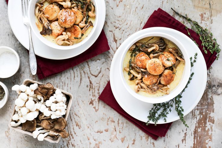 Scallops and Mushrooms in White Wine Sauce over Crème Fraîche Polenta