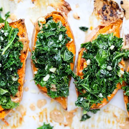 Baked Sweet Potatoes with Garlicky Kale and Almond Butter | www.floatingkitchen.net