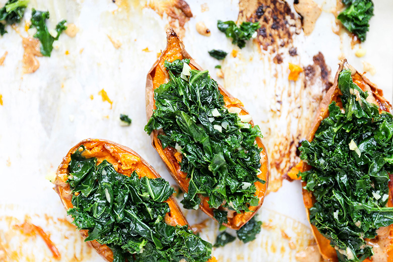 Baked Sweet Potatoes with Garlicky Kale and Almond Butter | www.floatingkitchen.net