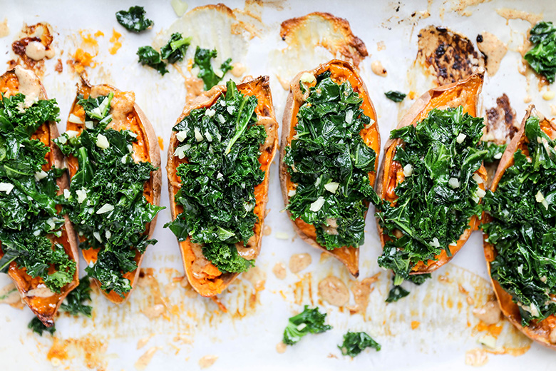 Baked Sweet Potatoes with Garlicky Kale and Almond Butter | www.floatingkitchen.net