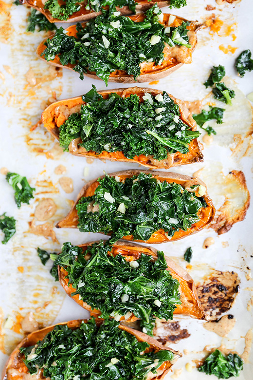 Baked Sweet Potatoes with Garlicky Kale and Almond Butter | www.floatingkitchen.net