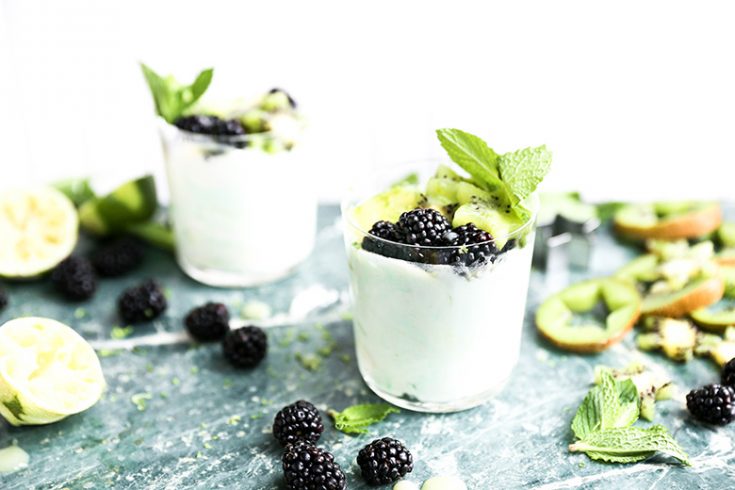 Kiwi and Lime Curd Fools with Blackberries