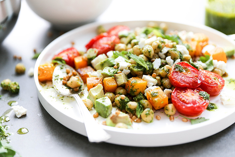 Tomato and Butternut Squash Grain Bowls with Chickpeas and Herb Lime Dressing | www.floatingkitchen.net