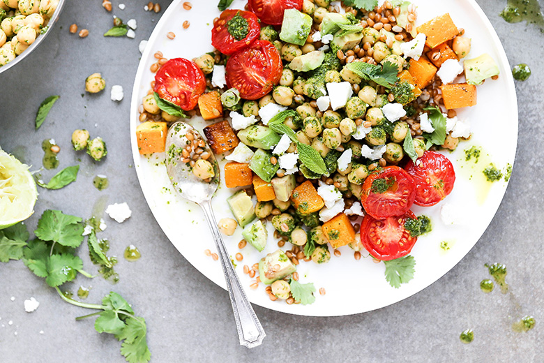 Tomato and Butternut Squash Grain Bowls with Chickpeas and Herb Lime Dressing | www.floatingkitchen.net