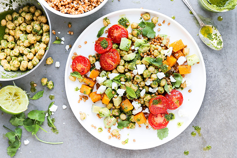 Tomato and Butternut Squash Grain Bowls with Chickpeas and Herb Lime Dressing | www.floatingkitchen.net