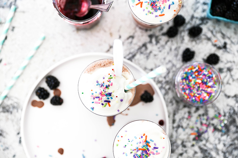 Chocolate Milkshakes with Fresh Blackberry Sauce | www.floatingkitchen.net