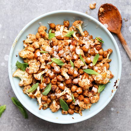 Harissa Roasted Cauliflower and Chickpeas with Coconut Sauce | www.floatingkitchen.net