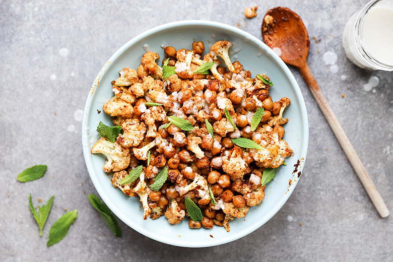 Harissa Roasted Cauliflower and Chickpeas with Coconut Sauce | www.floatingkitchen.net