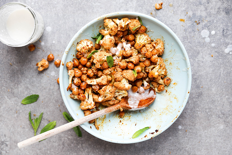 Harissa Roasted Cauliflower and Chickpeas with Coconut Sauce | www.floatingkitchen.net