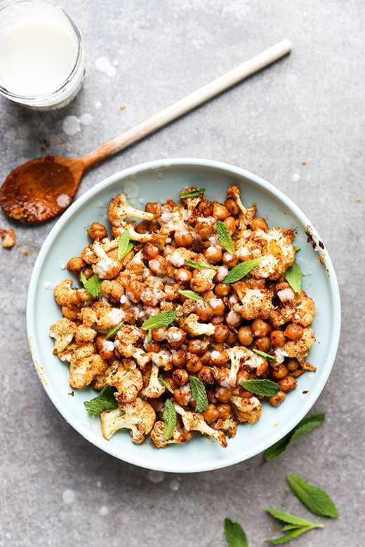 Harissa Roasted Cauliflower and Chickpeas with Coconut Sauce | www.floatingkitchen.net