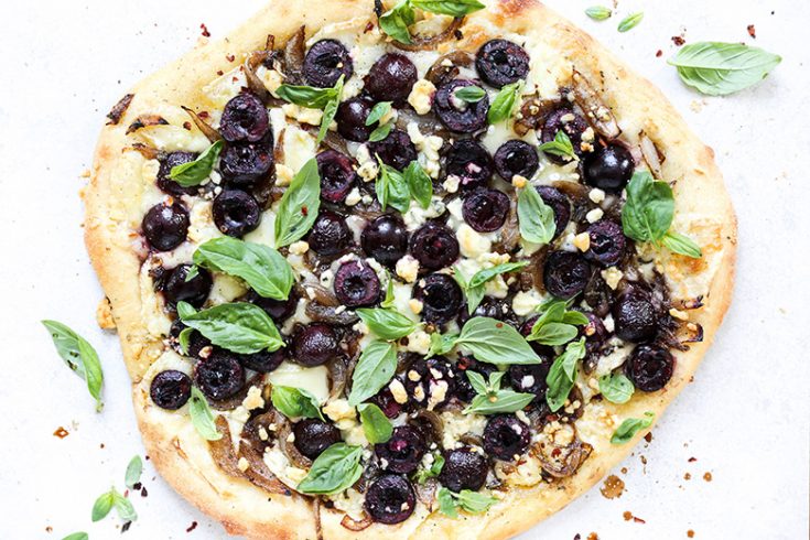 Cherry and Caramelized Onion Pizza with Brie and Gorgonzola Cheese