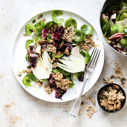 Warm Radicchio, Brussels Sprout and Fennel Salad with Tahini Granola | www.floatingkitchen.net