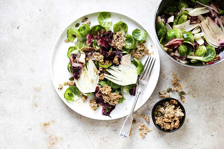 Warm Radicchio, Brussels Sprout and Fennel Salad with Tahini Granola | www.floatingkitchen.net