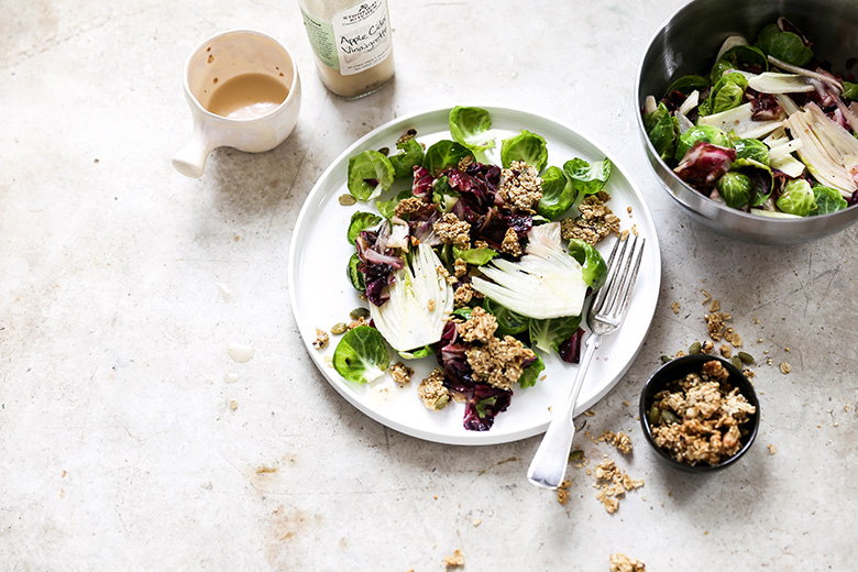 Warm Radicchio, Brussels Sprout and Fennel Salad with Tahini Granola | www.floatingkitchen.net