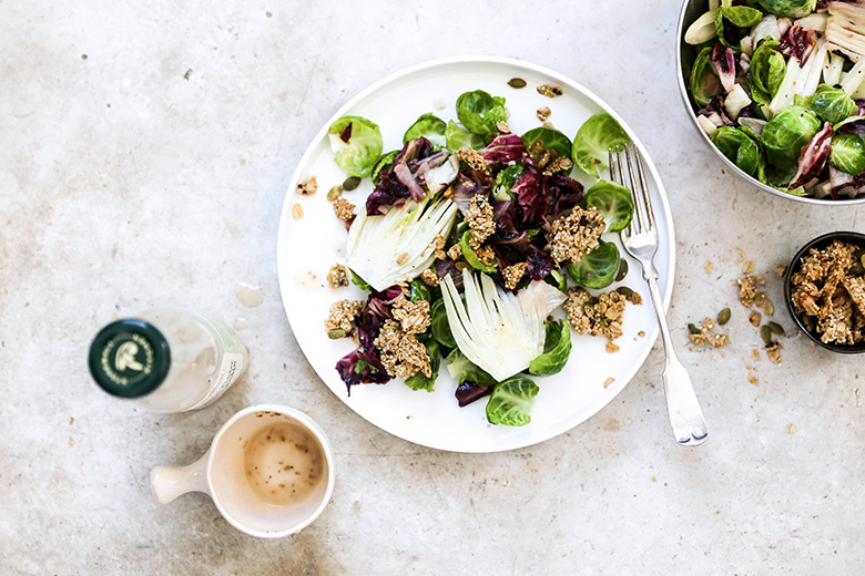 Warm Radicchio, Brussels Sprout and Fennel Salad with Tahini Granola | www.floatingkitchen.net