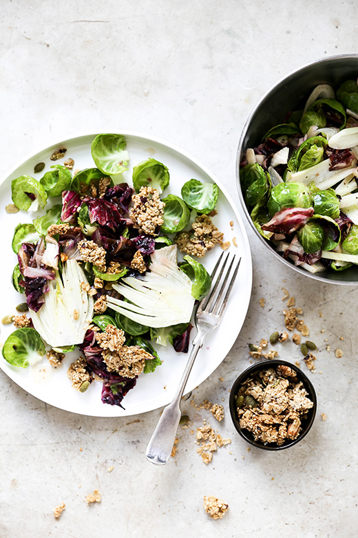 Warm Radicchio, Brussels Sprout and Fennel Salad with Tahini Granola | www.floatingkitchen.net