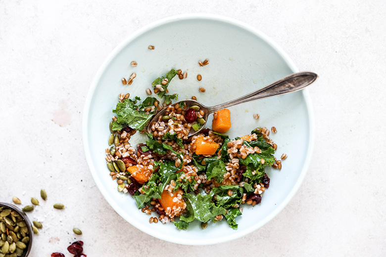 Wheat Berry Salad with Whiskey-Soaked Cranberries, Kale and Roasted Butternut Squash | www.floatingkitchen.net