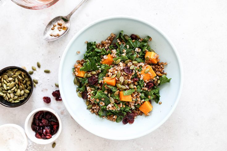 Wheat Berry Salad with Whiskey-Soaked Cranberries, Kale and Roasted Butternut Squash