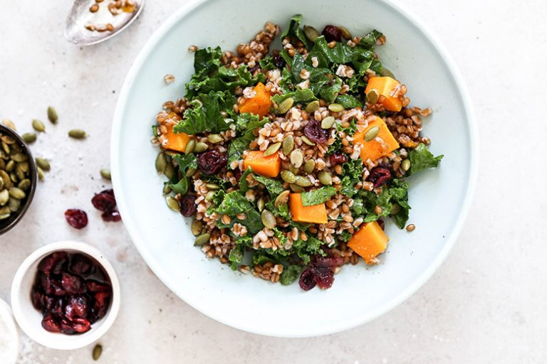 Wheat Berry Salad with WhiskeySoaked Cranberries, Kale and Roasted