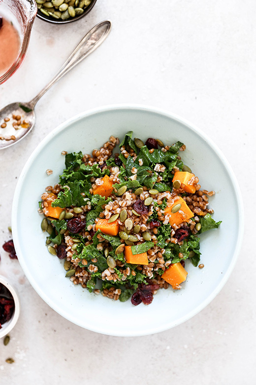 Wheat Berry Salad with Whiskey-Soaked Cranberries, Kale and Roasted Butternut Squash | www.floatingkitchen.net