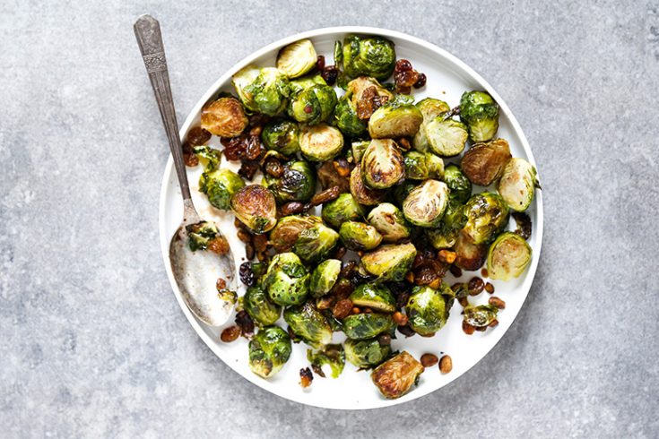 Roasted Brussels Sprouts with Golden Raisins and Pistachios