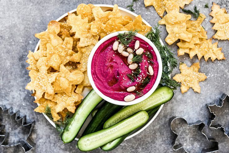 Beet and White Bean Hummus with Homemade Holiday Tortilla Chips