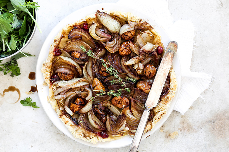 Onion Tarte Tatin with Chestnuts and Cranberries | www.floatingkitchen.net