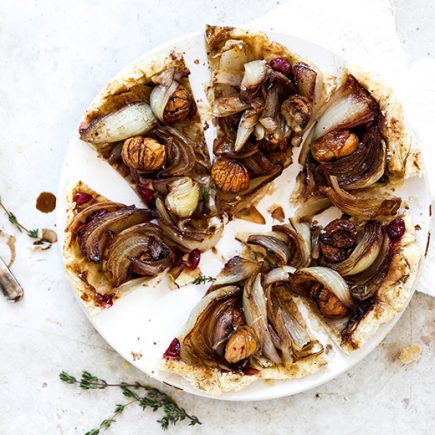 Onion Tarte Tatin with Chestnuts and Cranberries | www.floatingkitchen.net