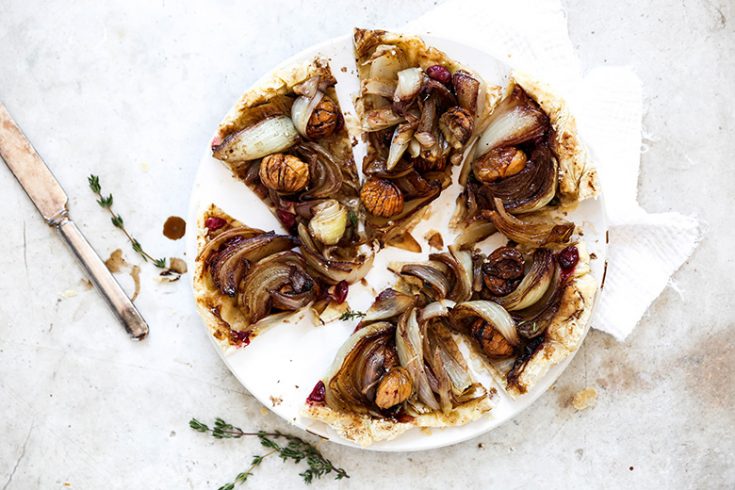 Onion Tarte Tatin with Chestnuts and Cranberries