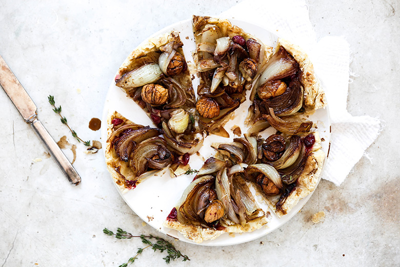 Onion Tarte Tatin with Chestnuts and Cranberries | www.floatingkitchen.net