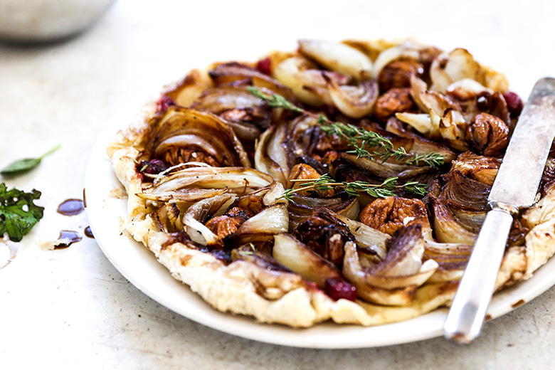 Onion Tarte Tatin with Chestnuts and Cranberries | www.floatingkitchen.net