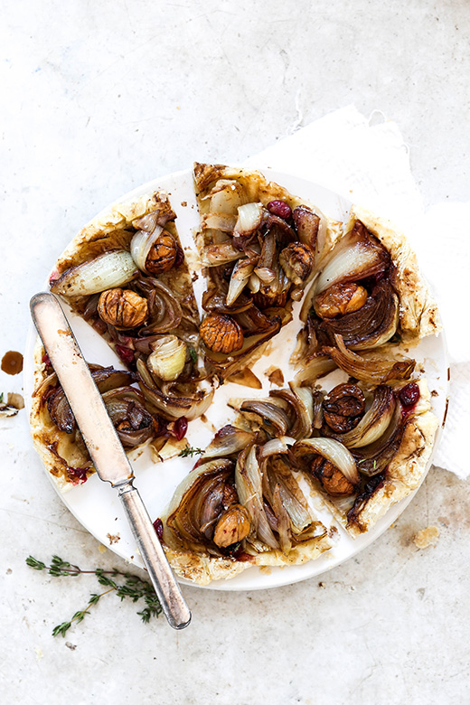 Onion Tarte Tatin with Chestnuts and Cranberries | www.floatingkitchen.net