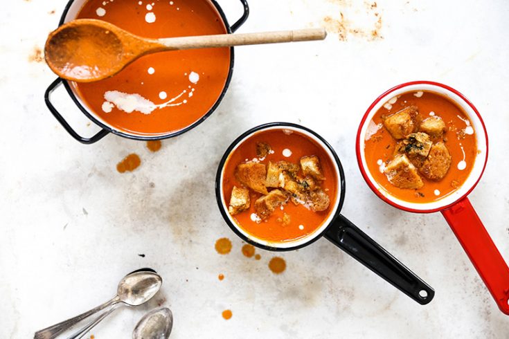 Easy Creamy Tomato Soup with Parmesan Croutons