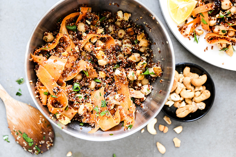 Quinoa and Shaved Carrot Salad with Chickpeas, Currants and Cashews | www.floatingkitchen.net