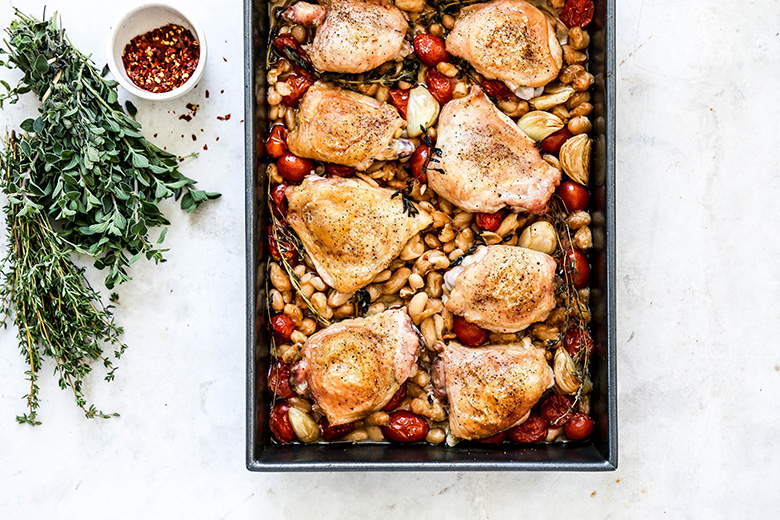 One-Pan Chicken and White Beans with Tomatoes, Garlic and Herbs | www.floatingkitchen.net