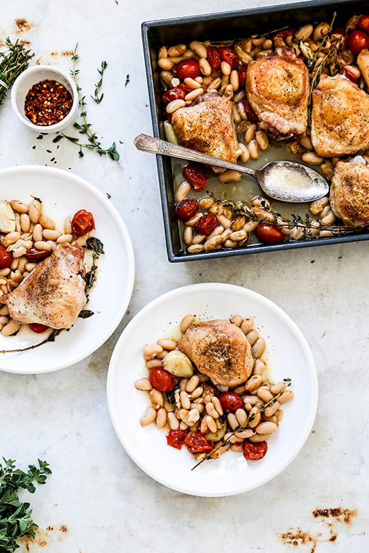 One-Pan Chicken and White Beans with Tomatoes, Garlic and Herbs | www.floatingkitchen.net