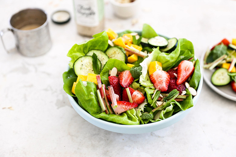 Tender Butter Lettuce Salad with Strawberries, Rhubarb, Mango, Cucumbers and Rosé Vinaigrette | www.floatingkitchen.net