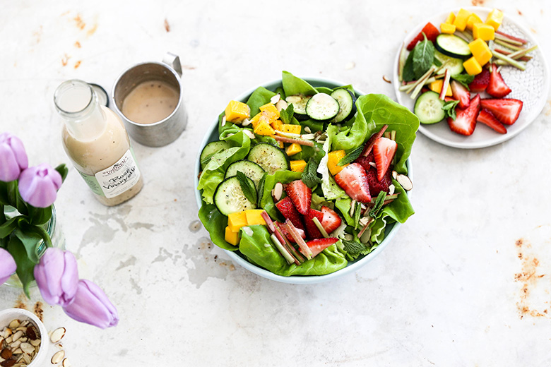 Tender Butter Lettuce Salad with Strawberries, Rhubarb, Mango, Cucumbers and Rosé Vinaigrette | www.floatingkitchen.net