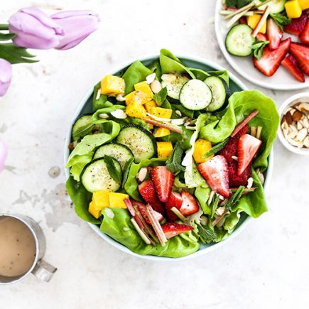 Tender Butter Lettuce Salad with Strawberries, Rhubarb, Mango, Cucumbers and Rosé Vinaigrette | www.floatingkitchen.net