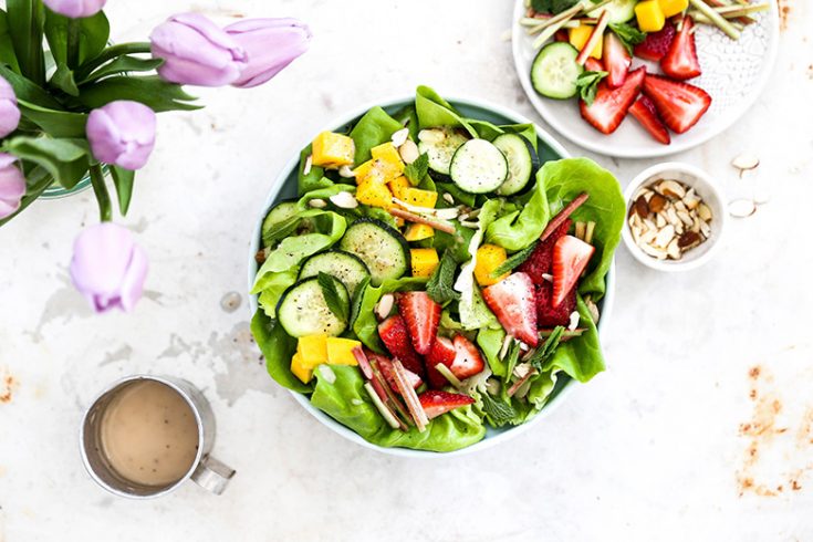 Tender Butter Lettuce Salad with Strawberries, Rhubarb, Mango, Cucumbers and Rosé Vinaigrette
