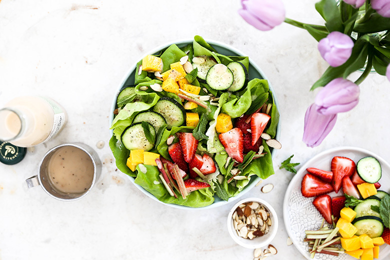 Tender Butter Lettuce Salad with Strawberries, Rhubarb, Mango, Cucumbers and Rosé Vinaigrette | www.floatingkitchen.net