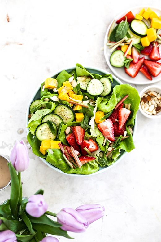 Tender Butter Lettuce Salad with Strawberries, Rhubarb, Mango, Cucumbers and Rosé Vinaigrette | www.floatingkitchen.net