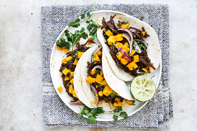 Slow Cooker Chipotle Barbecue Beef Tacos with Mango Salsa | www.floatingkitchen.net