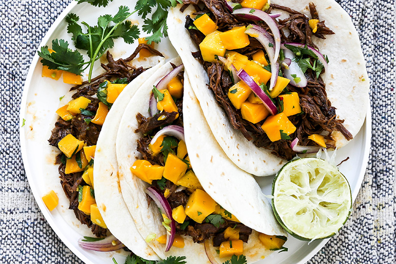 Slow Cooker Chipotle Barbecue Beef Tacos with Mango Salsa | www.floatingkitchen.net