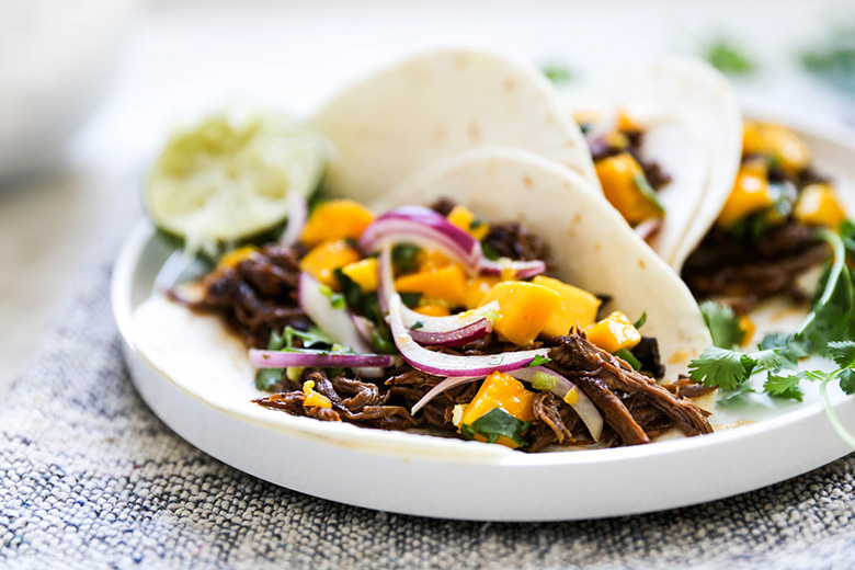 Slow Cooker Chipotle Barbecue Beef Tacos with Mango Salsa | www.floatingkitchen.net